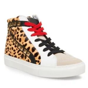 STEVE MADDEN Tracey-L Leopard Print High Top Leather & Calf Hair Sneakers 8.5
